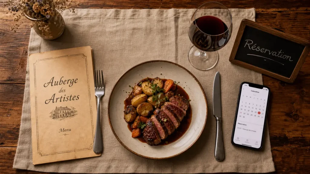 Auberge des artistes : menu et ardoise réservation, table de l’auberge