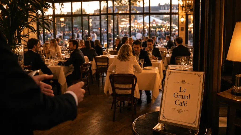Casino Vichy restaurant : salle du Grand Café, tables et baies vitrées