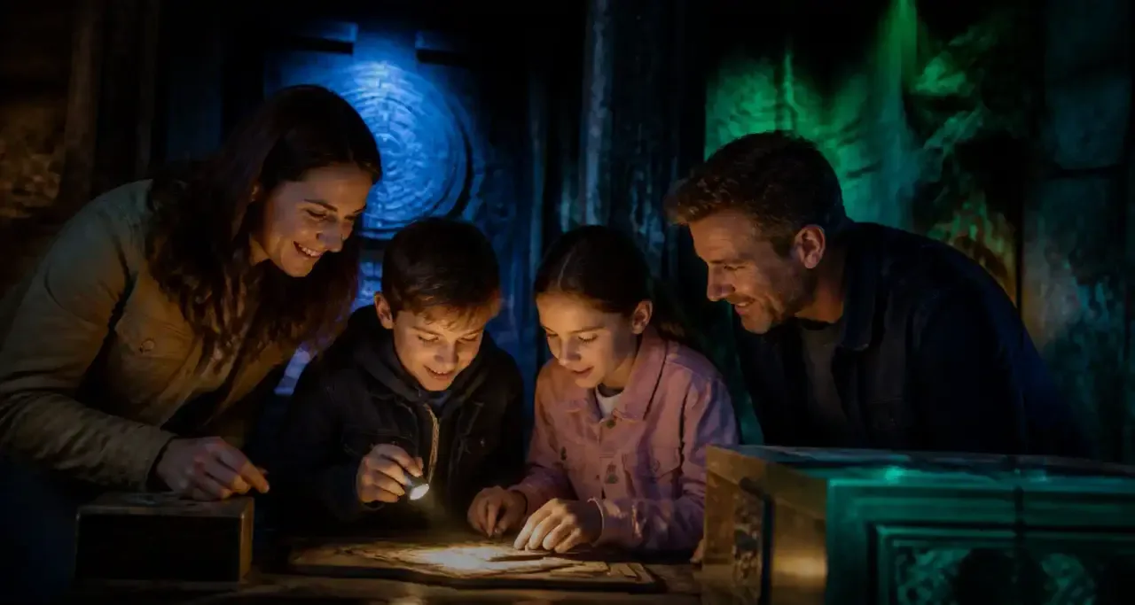 Famille jouant à un escape game à Vichy, activité de loisir en intérieur