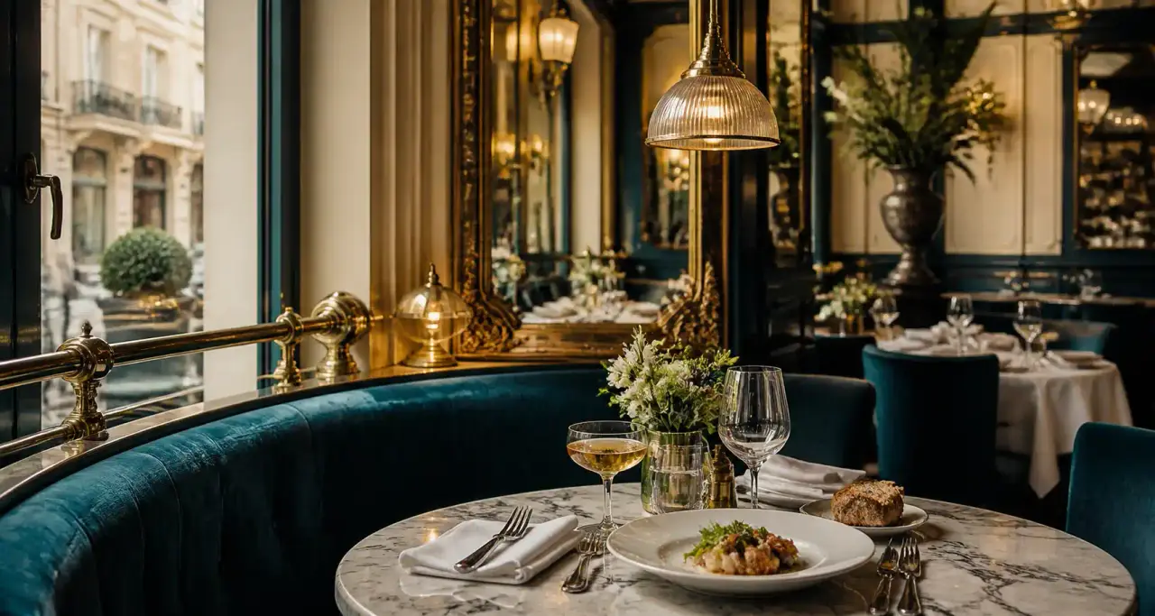 Salle de brasserie belle époque à Vichy, table de marbre dressée, banquettes bleu paon et détails de laiton à la lumière du soir
