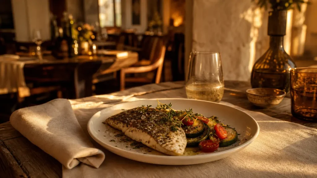 Menu de l'entrée des artistes à Fréjus : filet de dorade aux herbes de Provence