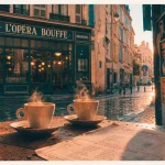 Opera bouffe vichy : table, tasses et menu devant l’enseigne