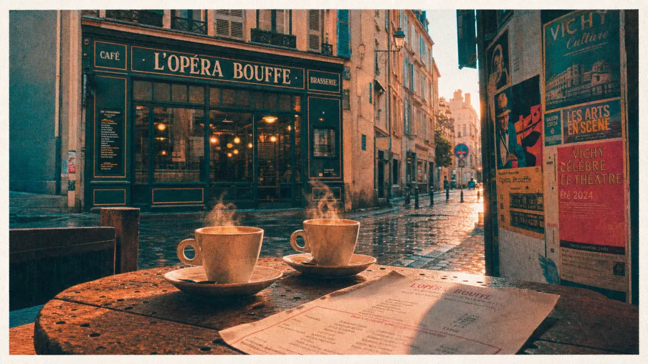 Opera bouffe vichy : table, tasses et menu devant l’enseigne