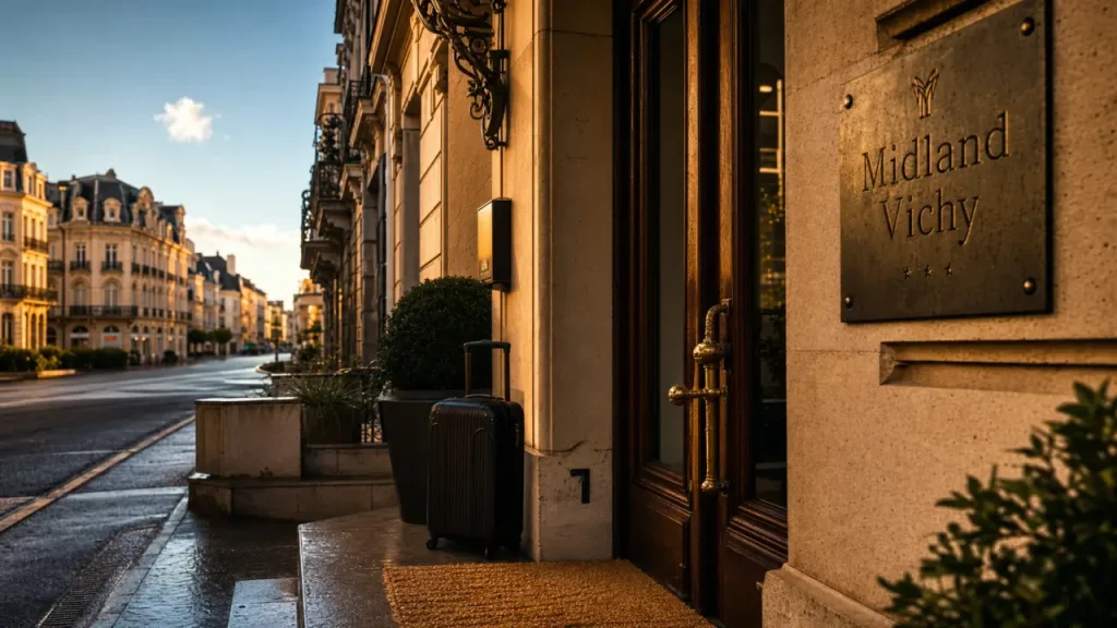 Hôtel Midland Vichy, entrée au centre-ville avec panneau accueil
