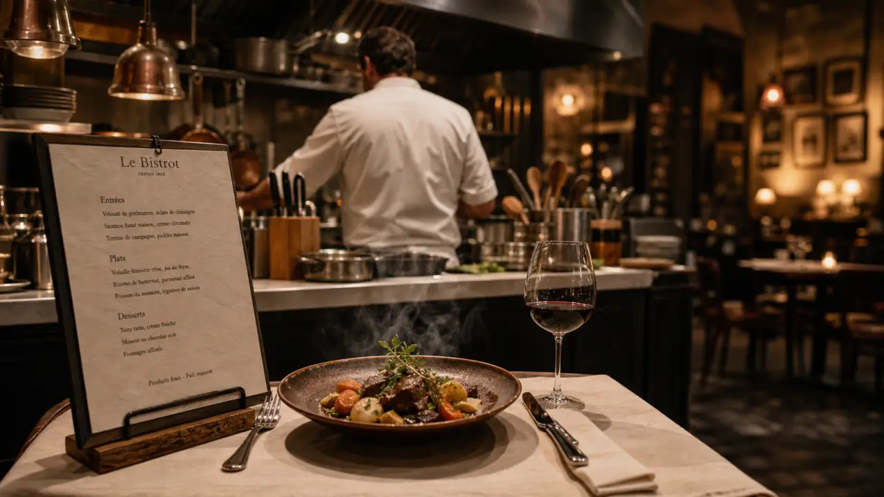 Le bistrot de pierrot restaurant traditionnel vichy : table en bois, cuisine maison et vin rouge fumant