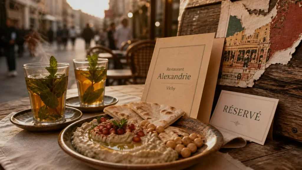 Restaurant Alexandrie Vichy : terrasse, thé à la menthe et mezzés