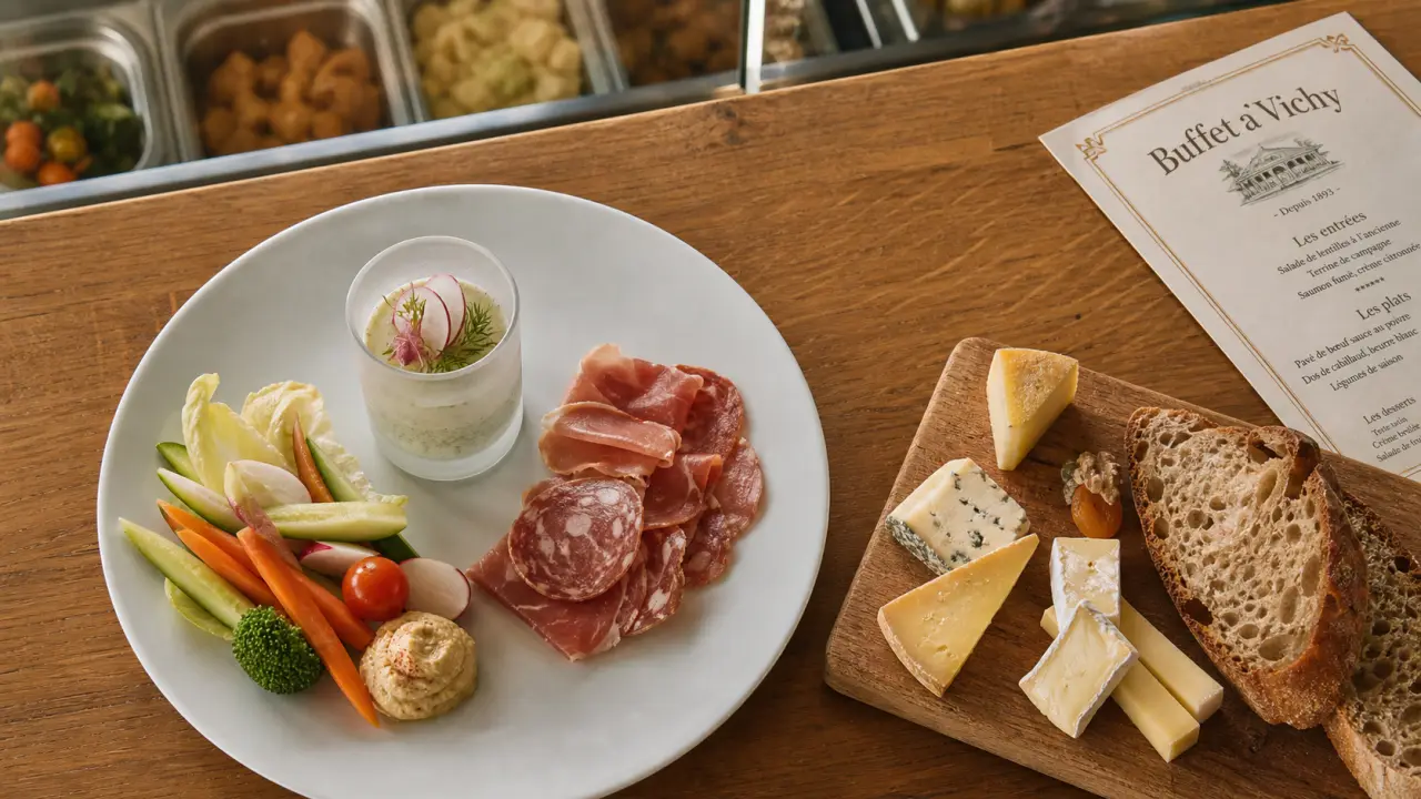 Restaurant buffet Vichy : table conviviale avec crudités, fromages et charcuteries