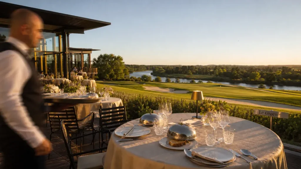 Restaurant du golf Vichy Le Green : terrasse, vue Allier et parcours de golf au coucher du soleil