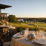 Restaurant du golf Vichy Le Green : terrasse, vue Allier et parcours de golf au coucher du soleil