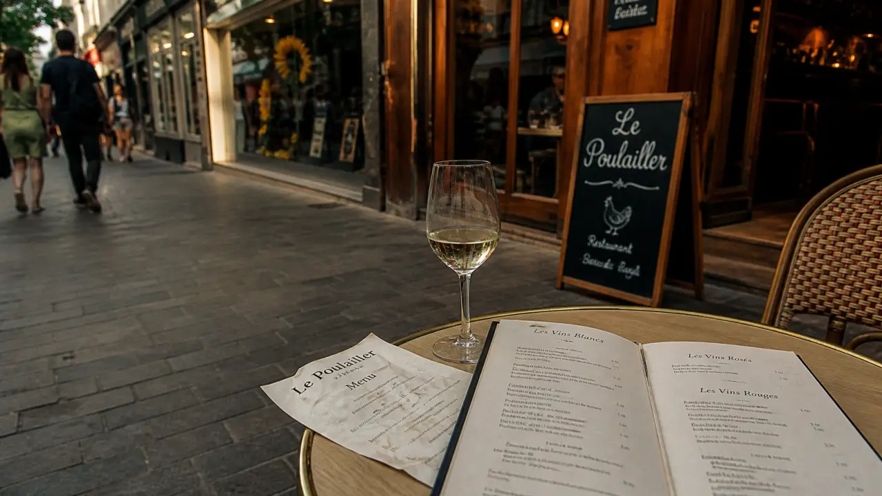 Restaurant le poulailler vichy, table de bistrot et vitrine “Le Poulailler” en rue commerçante
