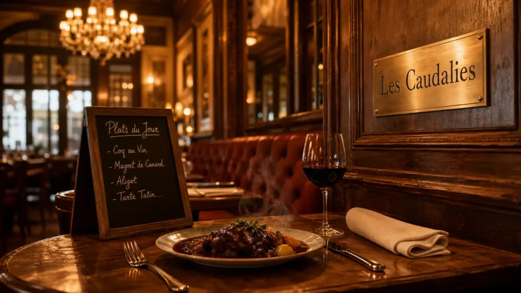 Restaurant les caudalies vichy : ardoise du marché et vin rouge