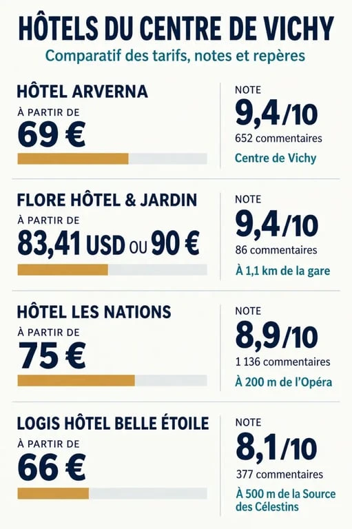 Infographie comparative des hôtels Vichy centre ville avec prix, notes et distances