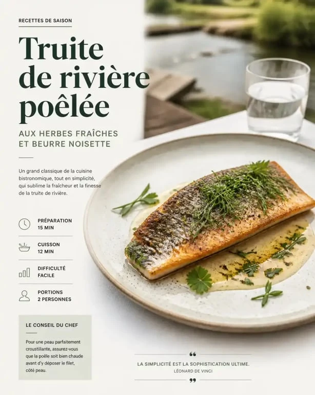 Filet de truite de rivière aux herbes fraîches, un plat typique des restaurants au bord de l'Allier à Vichy