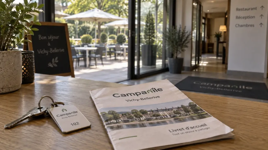 hôtel restaurant campanile vichy bellerive sur allier : clés et badge d’hôtel sur table