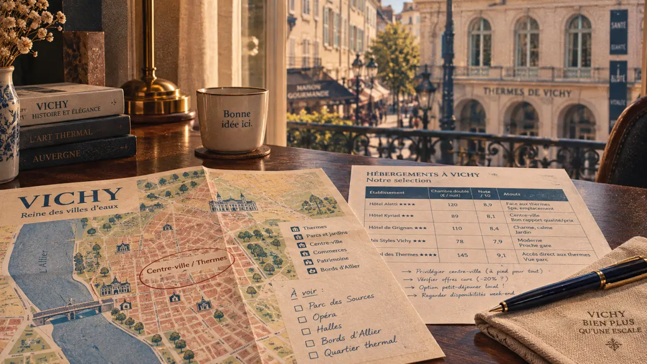 hôtel vichy centre ville : bureau d’hôtel avec carte vers centre-ville et thermes
