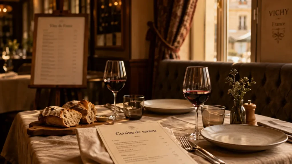 Restaurant Midland Vichy menu : intérieur feutré, table dressée