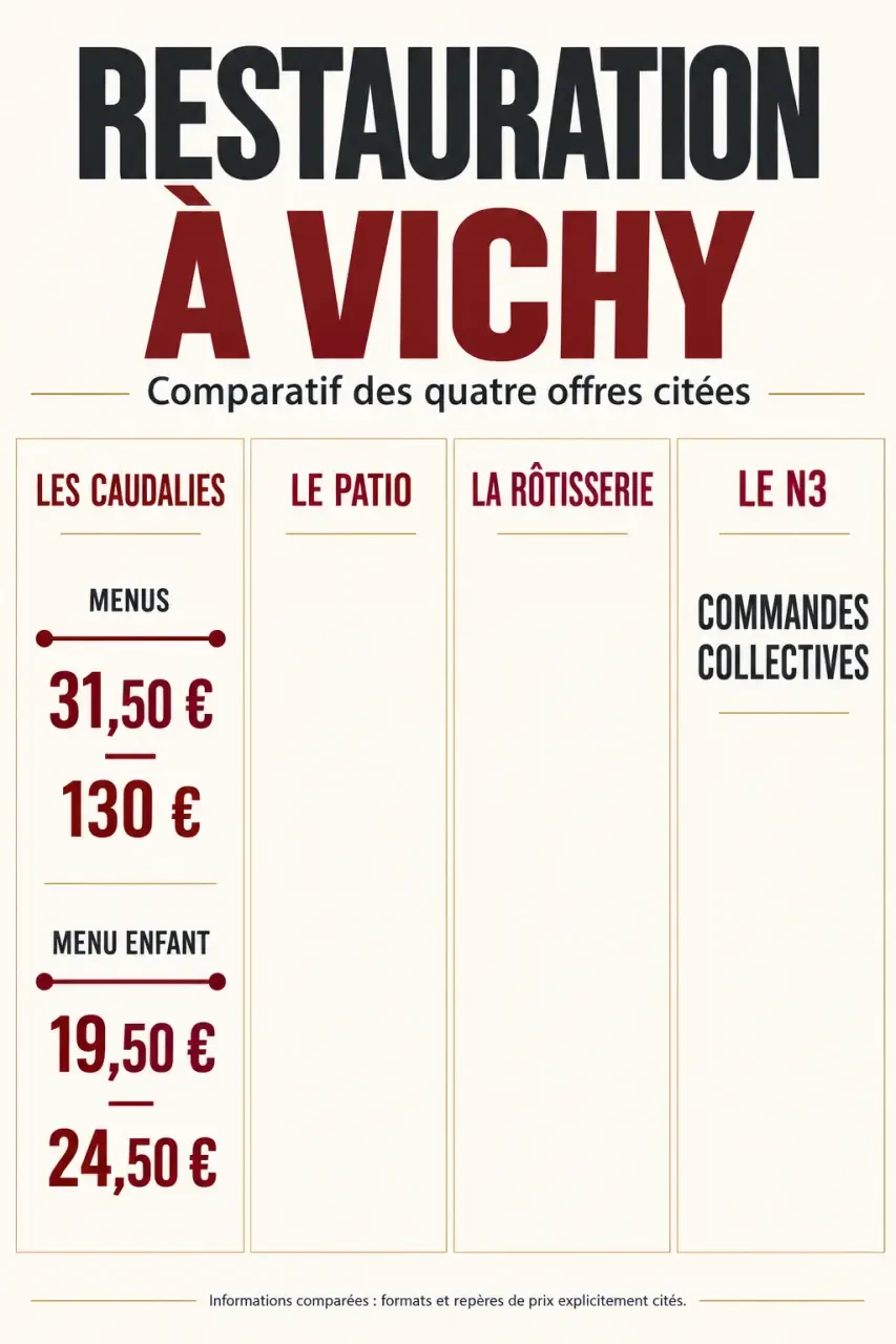 Menu restaurant Vichy : infographie comparative des offres des Caudalies, du Patio, de La Rôtisserie et du N3