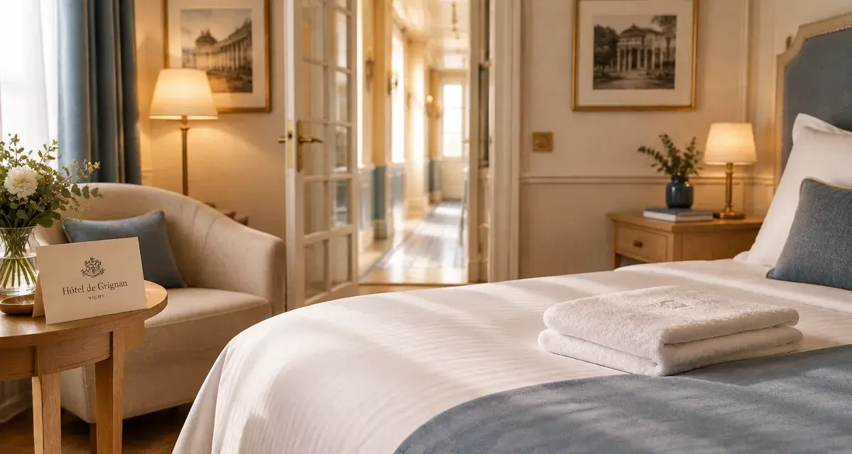 Chambre de l’hôtel de Grignan à Vichy, vue d’intérieur