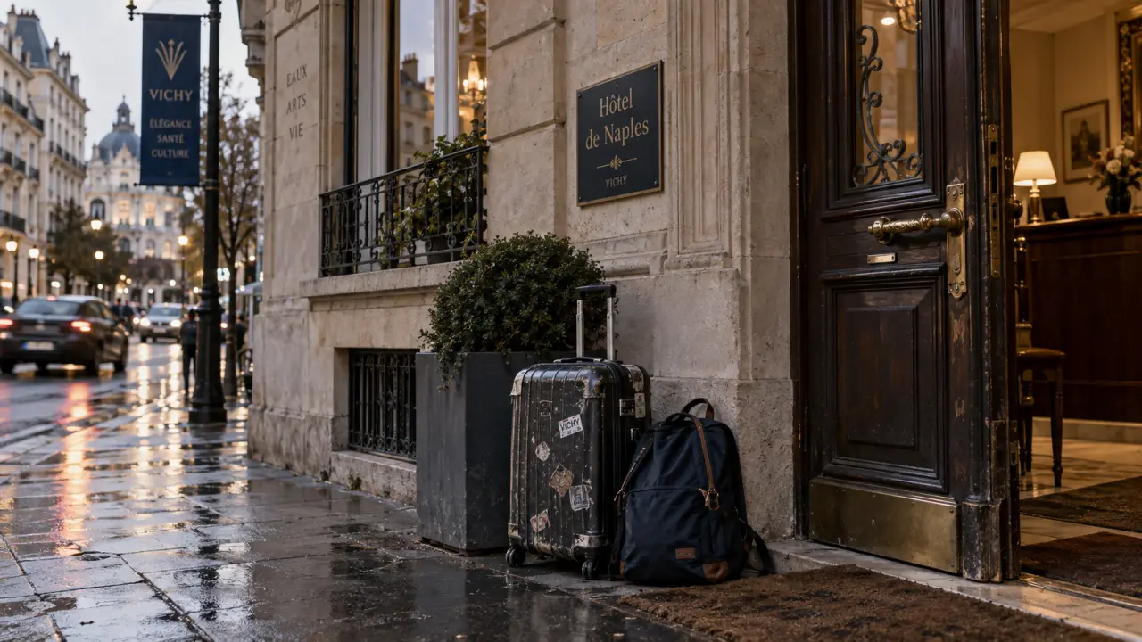 Hôtel de Naples à Vichy : façade et entrée près de la gare, valise sur trottoir mouillé