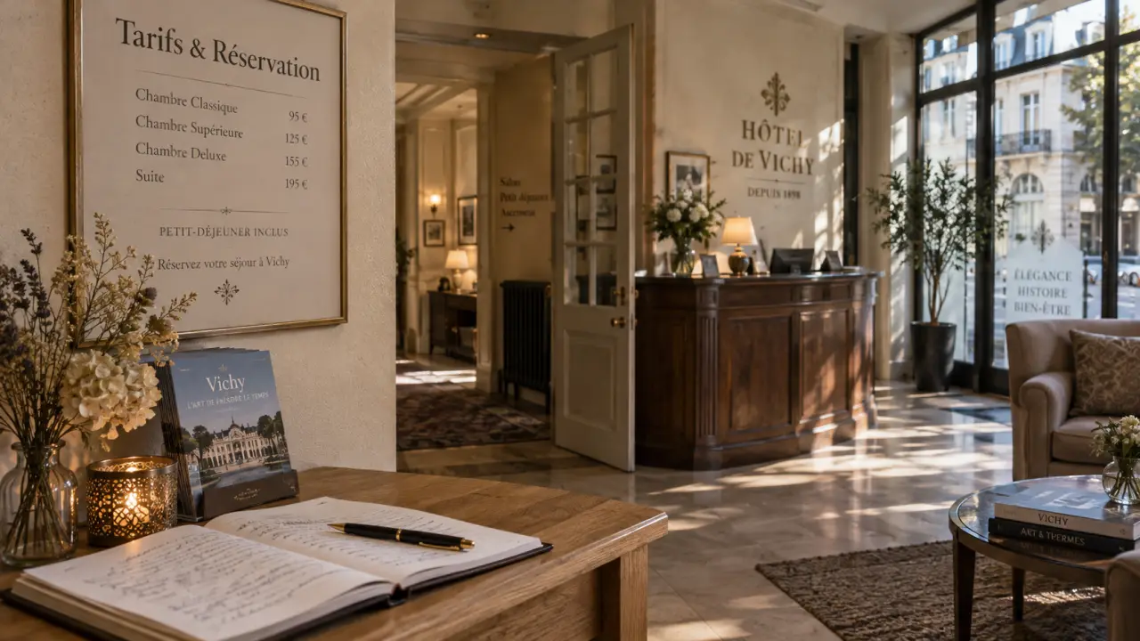 hôtel moderne vichy : hall avec panneau Tarifs & Réservation