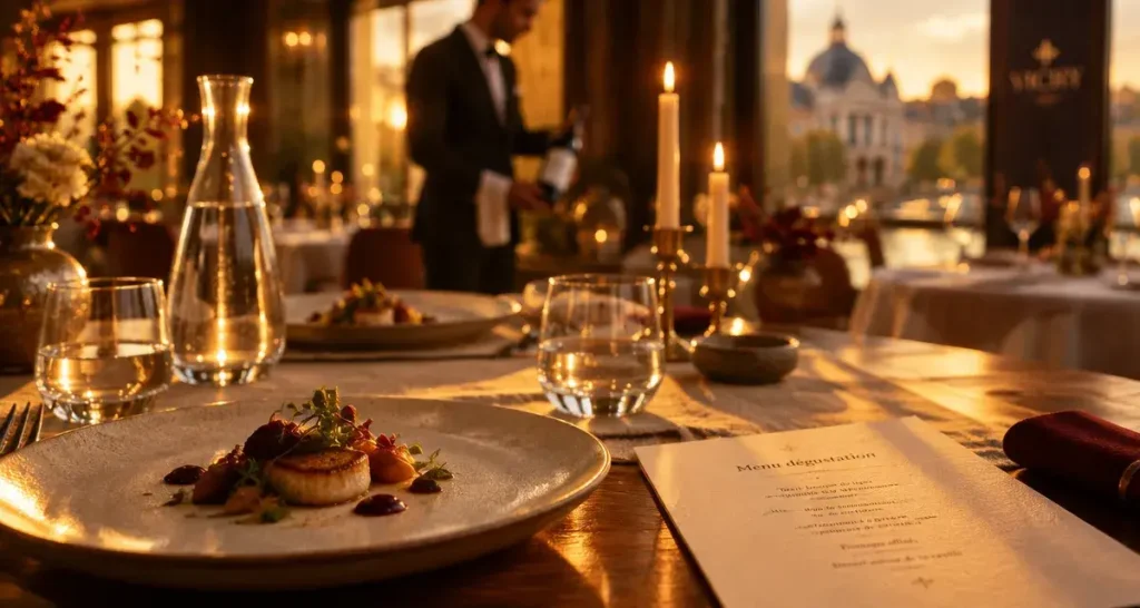 Restaurant gastronomique à Vichy, table gastronomique au golden hour avec menu dégustation
