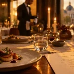 Restaurant gastronomique à Vichy, table gastronomique au golden hour avec menu dégustation